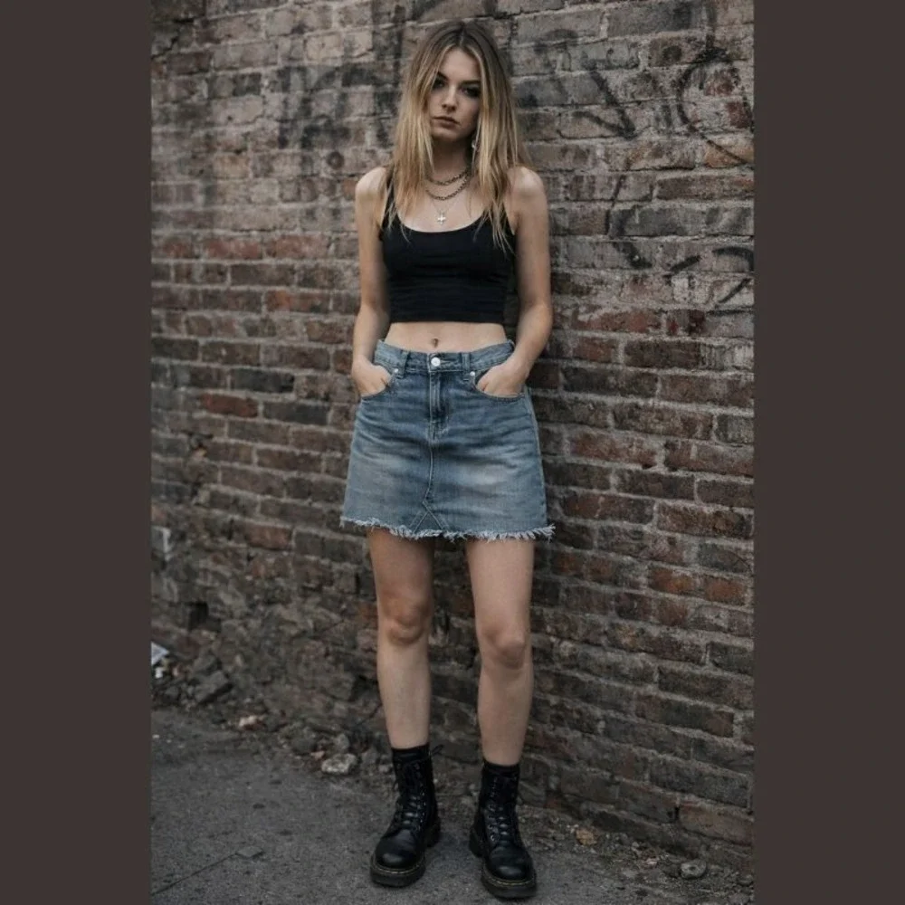 Indigo Rein Women's 11/30 Mid Rise Jean Skirt Raw Hem‎ Grunge Y2K 90s Streetwear